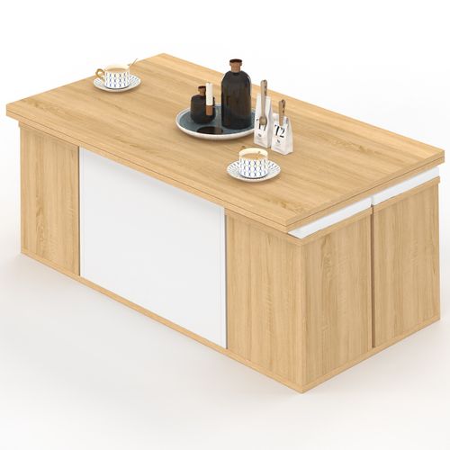 Table Basse Plateau Relevable Rectangulaire Convertible En Table à Manger Eden 100 Cm Bois Et Blanc