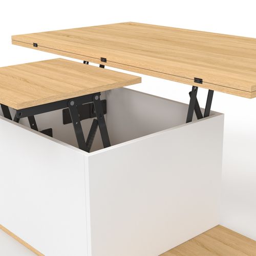 Table Basse Plateau Relevable Rectangulaire Convertible En Table à Manger Eden 100 Cm Bois Et Blanc