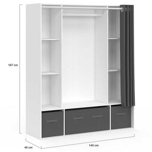 Dressing Double Penderie Diane 140 X 45 X 167 Cm Blanc Avec Étagères + Boites De Rangement + Rideau
