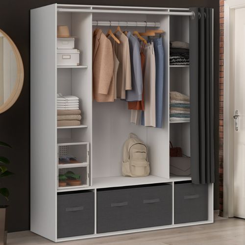 Dressing Double Penderie Diane 140 X 45 X 167 Cm Blanc Avec Étagères + Boites De Rangement + Rideau