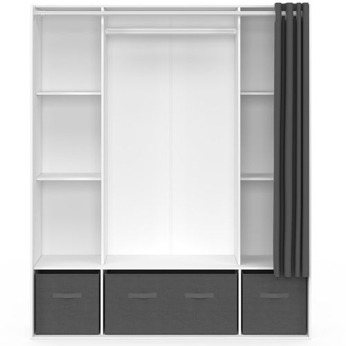 Dressing Double Penderie Diane 140 X 45 X 167 Cm Blanc Avec Étagères + Boites De Rangement + Rideau