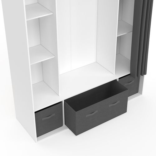 Dressing Double Penderie Diane 140 X 45 X 167 Cm Blanc Avec Étagères + Boites De Rangement + Rideau