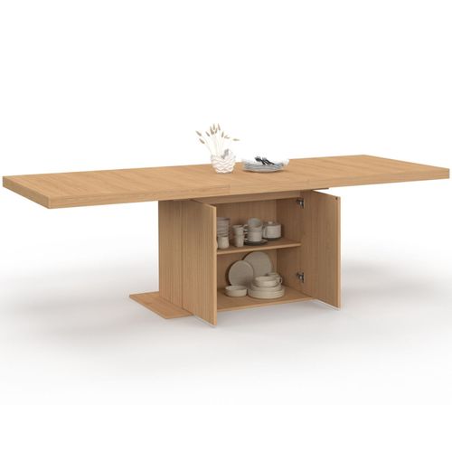 Table à Manger Extensible Rectangle Juliette 8-12 Personnes Pied Central Effet Lattes Avec Rangement