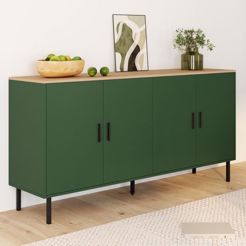 Buffet 160 Cm Kelia 4 Portes Vert Kaki Et Plateau Bois