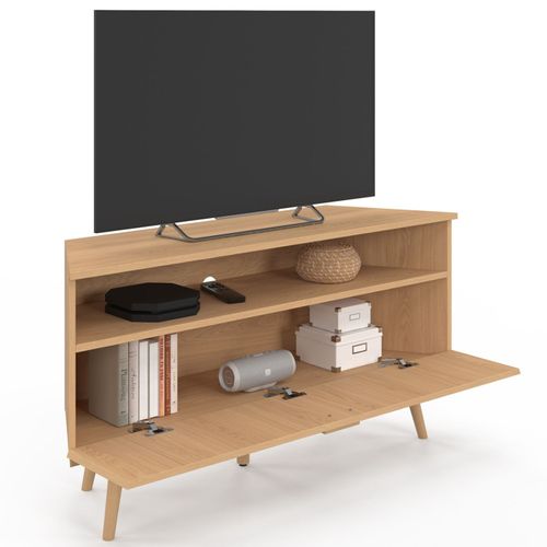 Meuble TV 110 Cm D'angle Juliette 1 Porte Effet Lattes Coloris Chêne