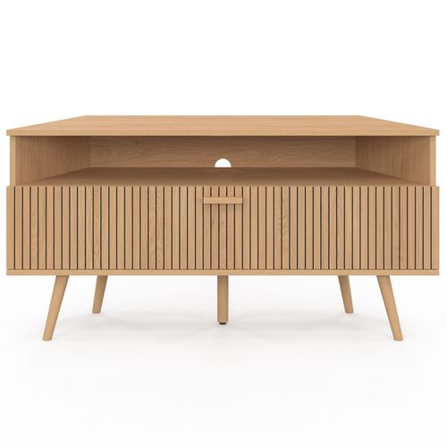 Meuble TV 110 Cm D'angle Juliette 1 Porte Effet Lattes Coloris Chêne