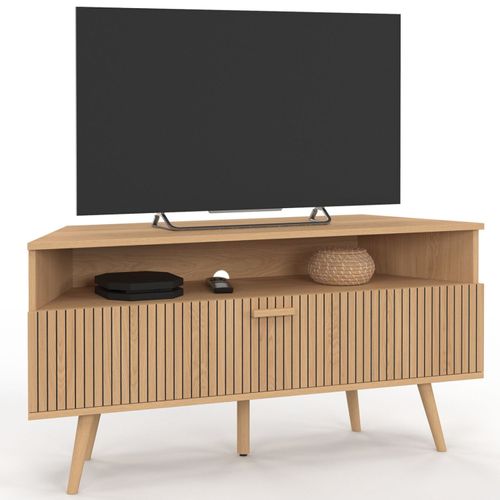 Meuble TV 110 Cm D'angle Juliette 1 Porte Effet Lattes Coloris Chêne