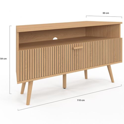 Meuble TV 110 Cm D'angle Juliette 1 Porte Effet Lattes Coloris Chêne