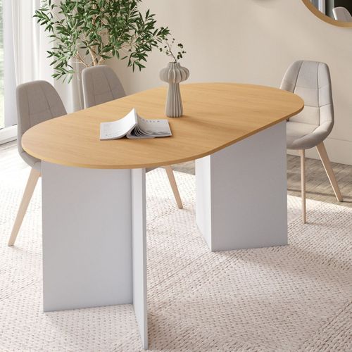 Table à Manger Extensible Ovale Marthe 6 -10 Personnes Bois Façon Hêtre Et Blanc 160-200 Cm