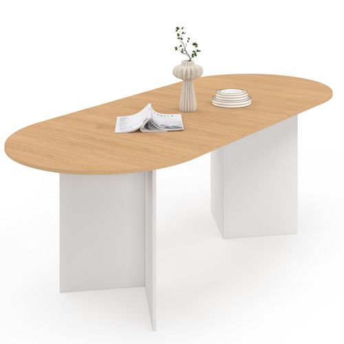 Table à Manger Extensible Ovale Marthe 6 -10 Personnes Bois Façon Hêtre Et Blanc 160-200 Cm
