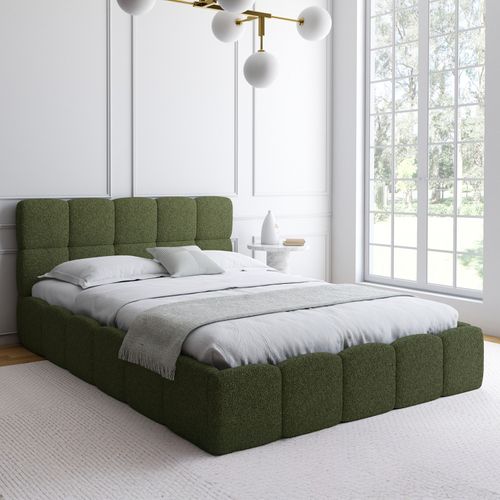 Lit Coffre Double Nuage Avec Tête De Lit Matelassée Et Sommier 140 X 190 Cm Tissu Bouclette Vert Kak