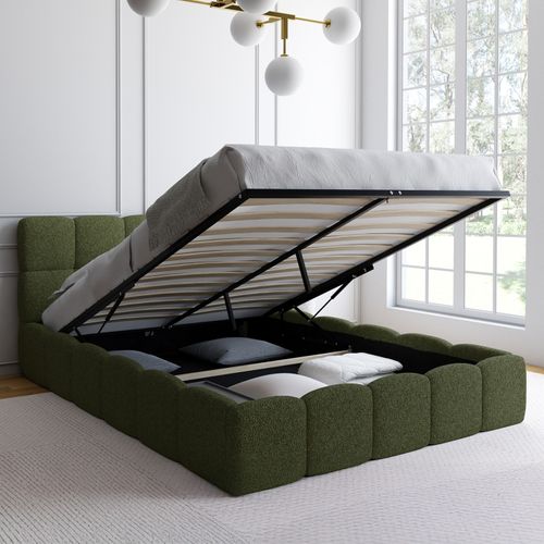 Lit Coffre Double Nuage Avec Tête De Lit Matelassée Et Sommier 140 X 190 Cm Tissu Bouclette Vert Kak