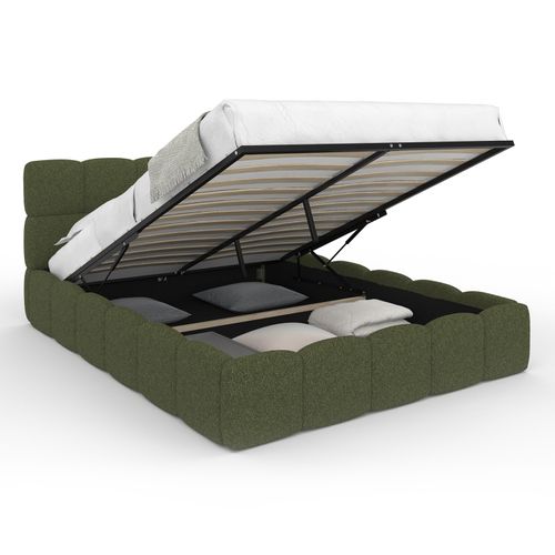 Lit Coffre Double Nuage Avec Tête De Lit Matelassée Et Sommier 140 X 190 Cm Tissu Bouclette Vert Kak