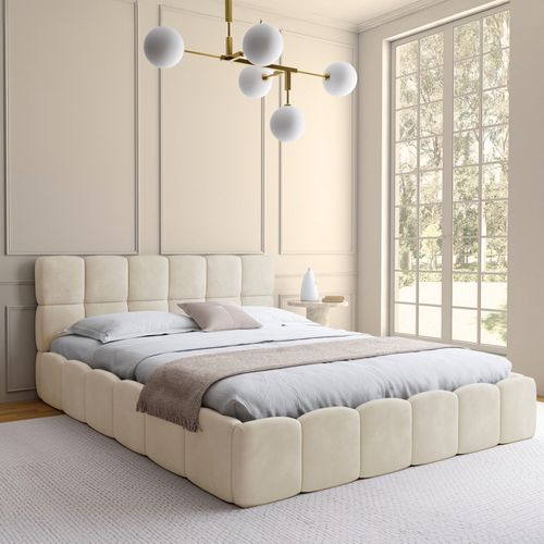 Lit Coffre Double Nuage Avec Tête De Lit Matelassée Et Sommier 160 X 200 Cm Velours Beige