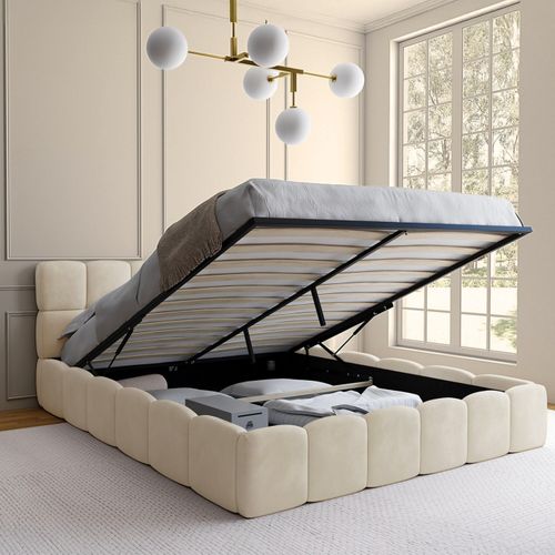 Lit Coffre Double Nuage Avec Tête De Lit Matelassée Et Sommier 160 X 200 Cm Velours Beige