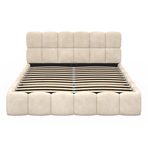 Lit Coffre Double Nuage Avec Tête De Lit Matelassée Et Sommier 160 X 200 Cm Velours Beige