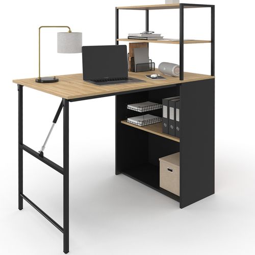 Bureau Bibliothèque Pliable Ray Plateau Rabattable Bois Façon Hêtre Et Noir