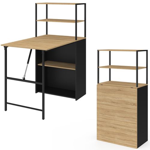 Bureau Bibliothèque Pliable Ray Plateau Rabattable Bois Façon Hêtre Et Noir