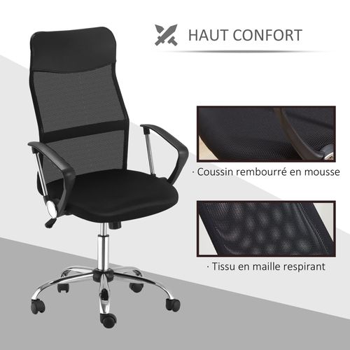 Fauteuil De Bureau Manager Grand Confort Dossier Ergonomique Pivotant Tissu Maille Noir