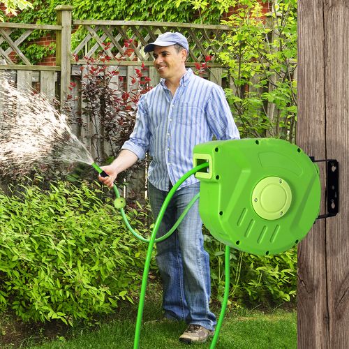 Dévidoir Mural Pivotant 180° Enroulage Automatique Tuyau 10 + 1 M Vert
