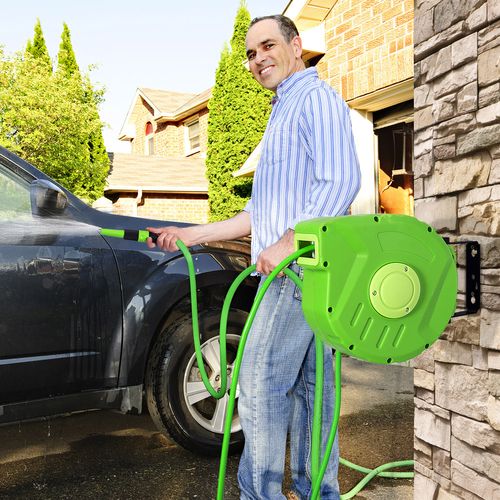 Dévidoir Mural Pivotant 180° Enroulage Automatique Tuyau 10 + 1 M Vert