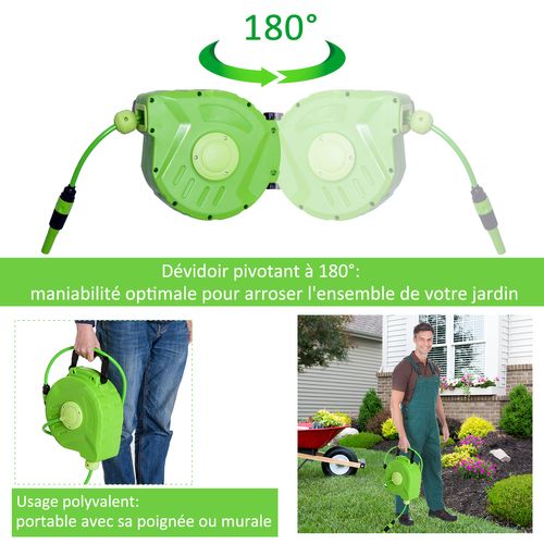 Dévidoir Mural Pivotant 180° Enroulage Automatique Tuyau 10 + 1 M Vert
