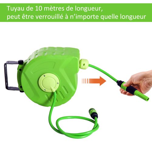 Dévidoir Mural Pivotant 180° Enroulage Automatique Tuyau 10 + 1 M Vert