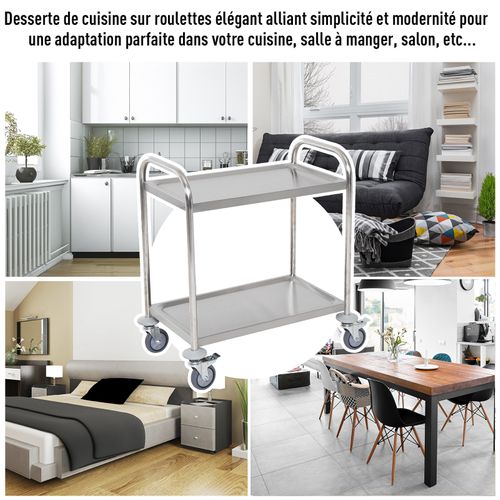 Chariot De Service Desserte De Cuisine à Roulettes 2 Étagères Acier Inox Chromé