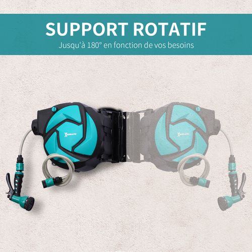 Dévidoir Mural Pivotant 180° Enroulage Automatique Tuyau 10 + 1 M Turquoise