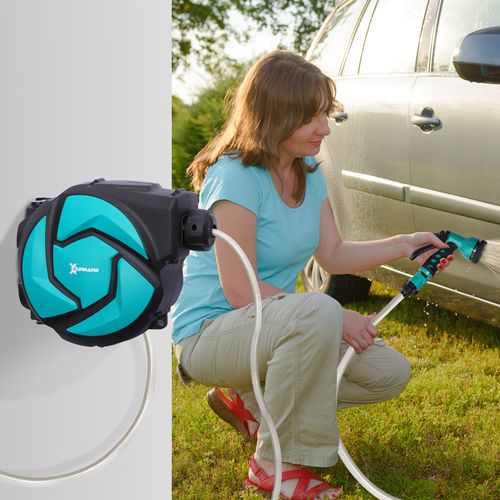 Dévidoir Mural Pivotant 180° Enroulage Automatique Tuyau 10 + 1 M Turquoise