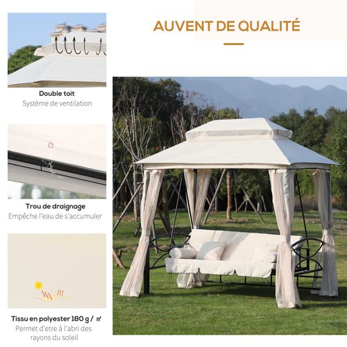 Balancelle De Jardin Convertible 3 Places Beige Noir