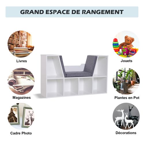 Bibliothèque Banc 2 En 1 - 6 Casiers Coussins Inclus