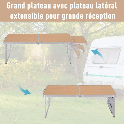 Table De Camping Pliante Avec Rallonge Alu. Mdf Imitation Bambou