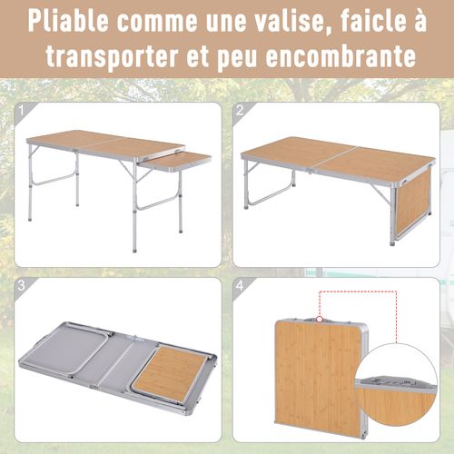 Table De Camping Pliante Avec Rallonge Alu. Mdf Imitation Bambou