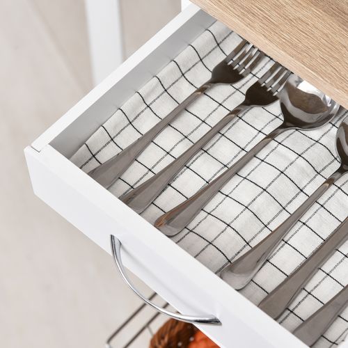 Desserte De Cuisine 3 Paniers Métal + Tiroir + Rallonges Mdf Blanc Chêne Clair