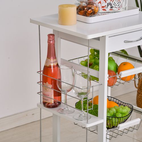 Desserte De Cuisine À Roulettes 3 Paniers Métal Tiroir + 2 Range-bouteilles Bois Pin Blanc