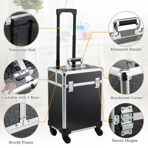 Valise Trolley Mallette Maquillage Verrouillable Alu. Noir