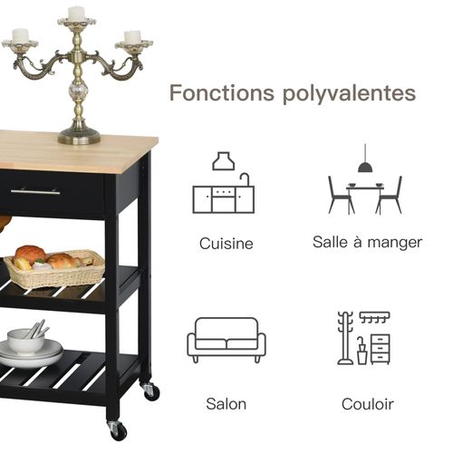 Desserte De Cuisine à Roulettes 2 Étagères 2 Tiroirs Noir Bois Naturel