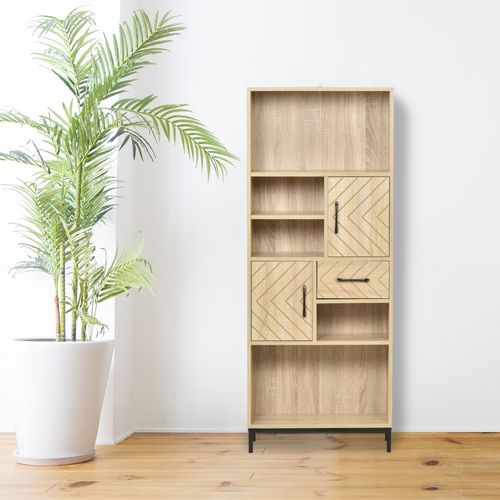 Biblliothèque 2 Étagères 3 Niches 2 Placards + Tiroir Chêne Clair Noir