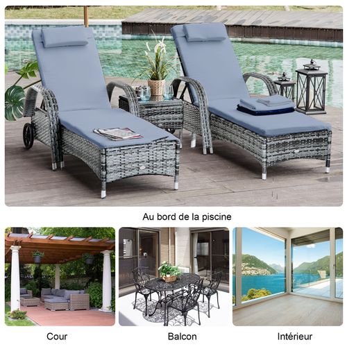 Lot De 2 Bains De Soleil Avec Matelas Table Basse Résine Tressée