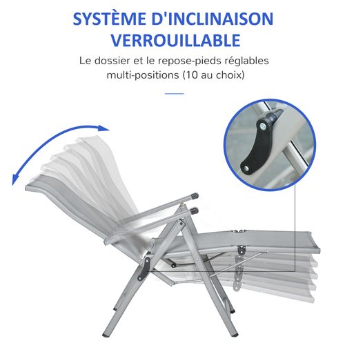 Chaise Longue Pliable Dossier Repose-pied Réglable Métal Époxy Textilène