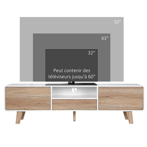 Meuble TV Bas Sur Pied Style Scandinave Mdf Blanc Aspect Chêne Clair