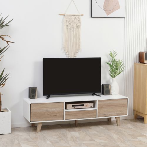 Meuble TV Bas Sur Pied Style Scandinave Mdf Blanc Aspect Chêne Clair
