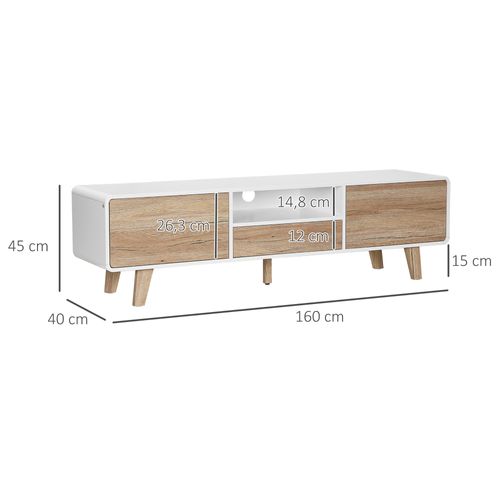 Meuble TV Bas Sur Pied Style Scandinave Mdf Blanc Aspect Chêne Clair