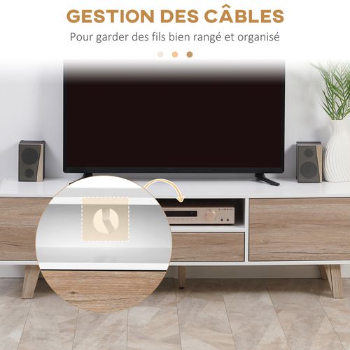 Meuble TV Bas Sur Pied Style Scandinave Mdf Blanc Aspect Chêne Clair