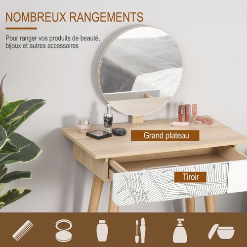 Coiffeuse Design Scandinave Tiroir Et Grand Miroir Blanc