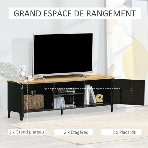 Meuble TV Design Industriel 2 Niches 2 Placards Tôle Métal Bois D'hévéa