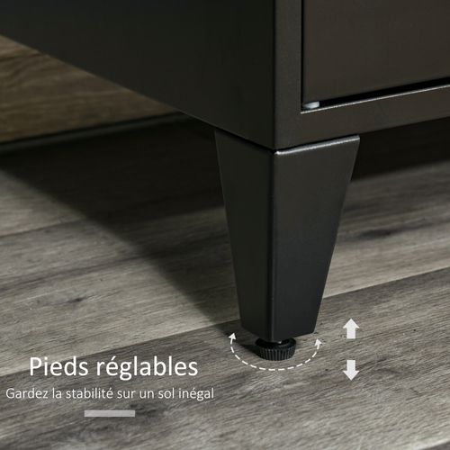 Meuble TV Design Industriel 2 Niches 2 Placards Tôle Métal Bois D'hévéa