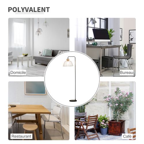 Lampadaire Design Industriel Grillagé Et Arqué Métal Noir Rotin