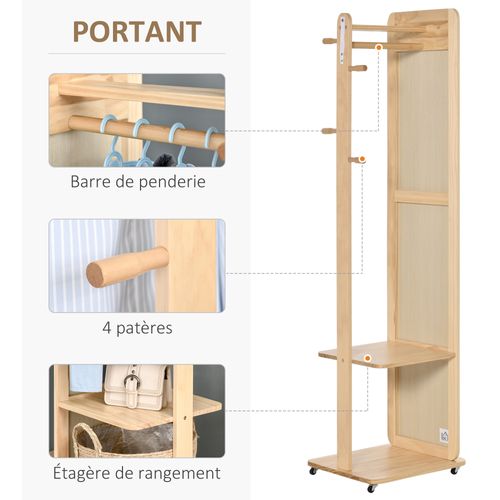 Miroir Sur Pied Avec Roulettes - Portant, 4 Patères Étagère - Aspect Bois